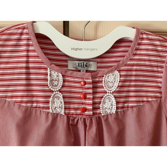 Tibi Red White Pinstripe Dress 10 POCKETS Short Sleeves Sundress spring summer - Picture 2 of 10